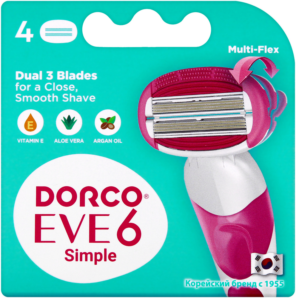 Dorco Женские сменные кассеты EVE6 (4 кассеты), 6-лезвийные, увл.полоса, крепление PACE  #1