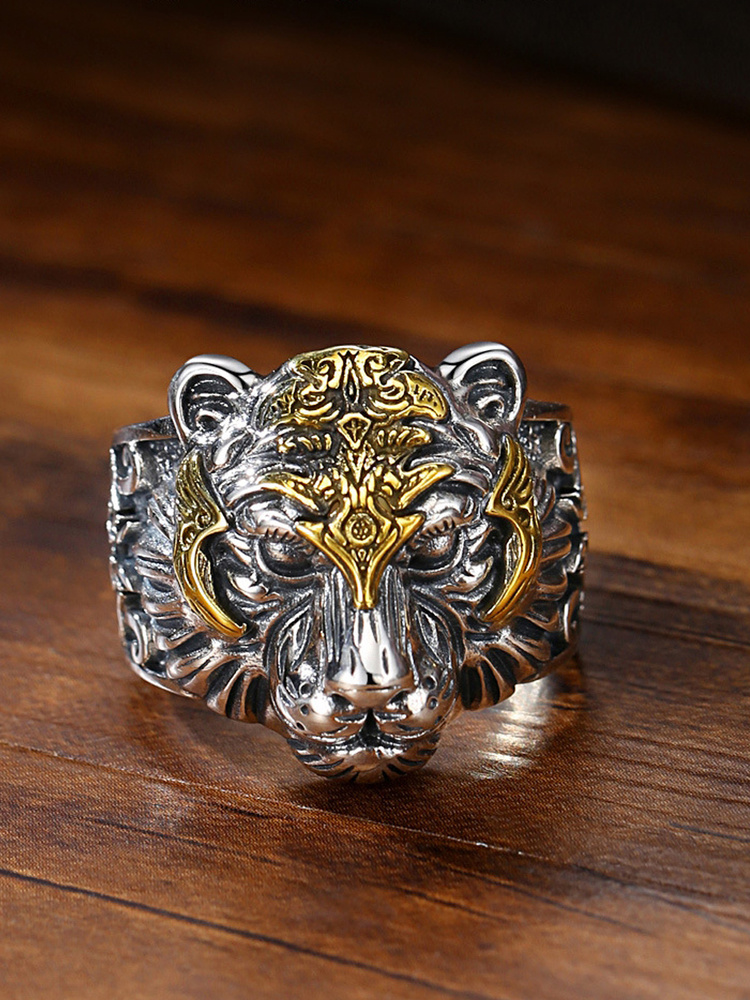 Кольцо мужское безразмерное тигр с золотом шикарное в подарочной упаковке  #1