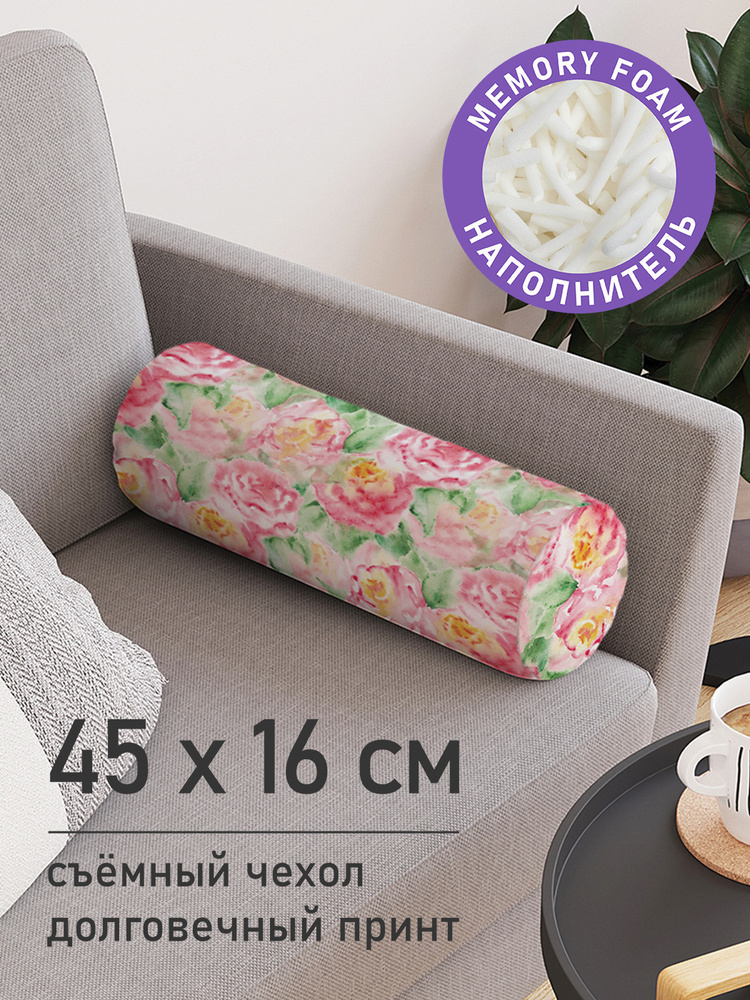 Декоративная подушка валик "Поляна роз" на молнии, 45 см, диаметр 16 см  #1