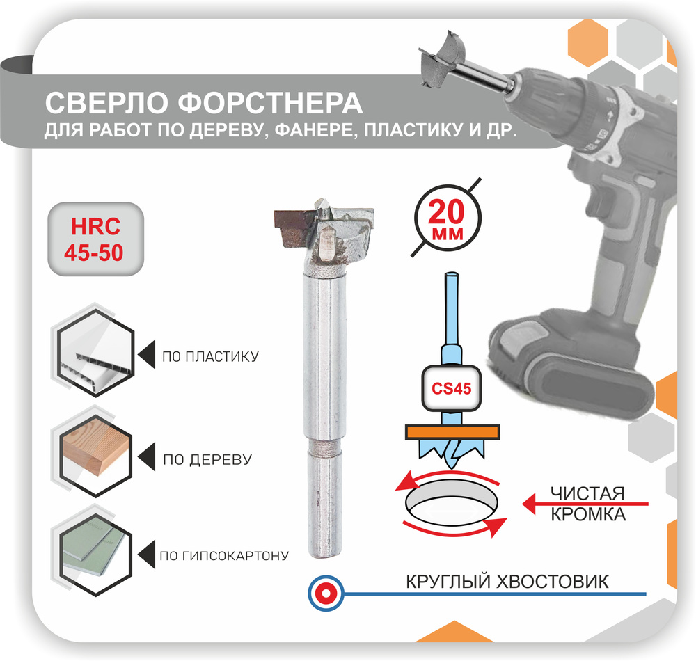 Сверло Форстнера, Фреза самоцентрирующаяся пила для отверсти по дереву фанере пластику 20мм 1шт  #1