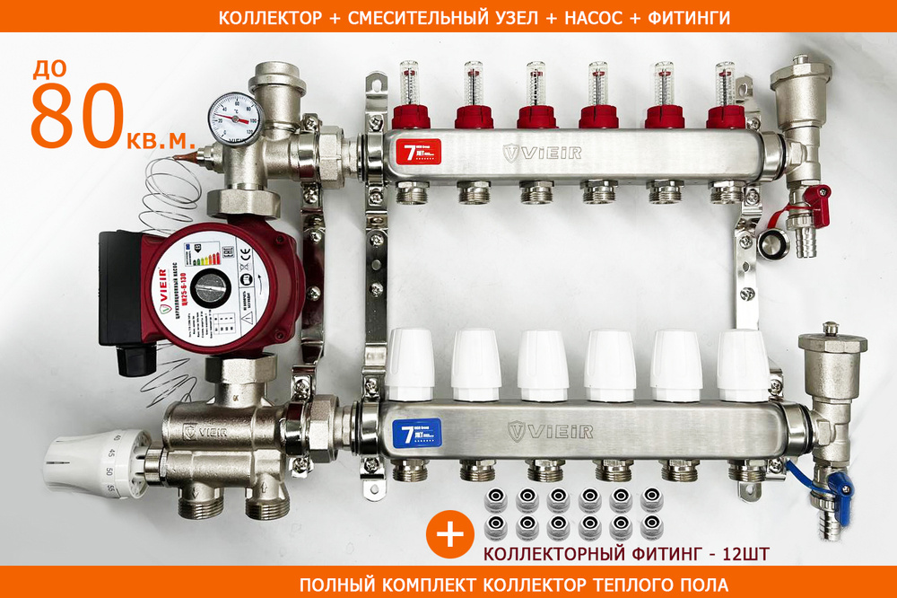 КОМПЛЕКТ для теплого пола водяного: Коллектор из нержавеющей стали на 6 выходов с расходомерами + Смесительный #1