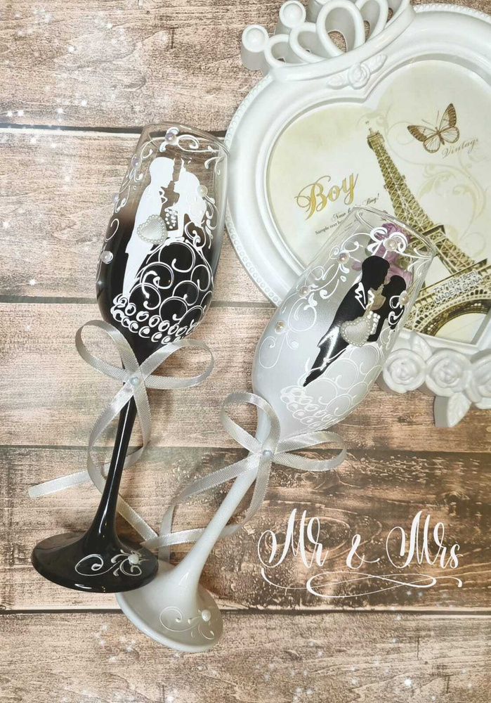 Свадебные бокалы в черно-белом цвете "Супер пара" / свадебные фужеры для шампанского/ набор 2 шт.  #1