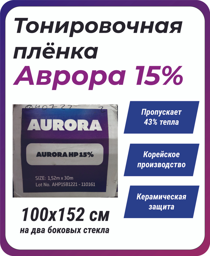 Тонировка 15% Aurora 152x100 cm с атермальным эффектом / на боковые окна автомобиля  #1