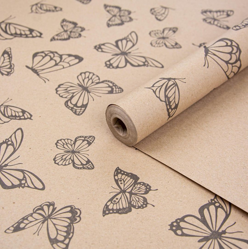 Крафт бумага в рулоне / с рисунком "Бабочки" Черный / 0,7м*7,5м (70гр/м2)  #1