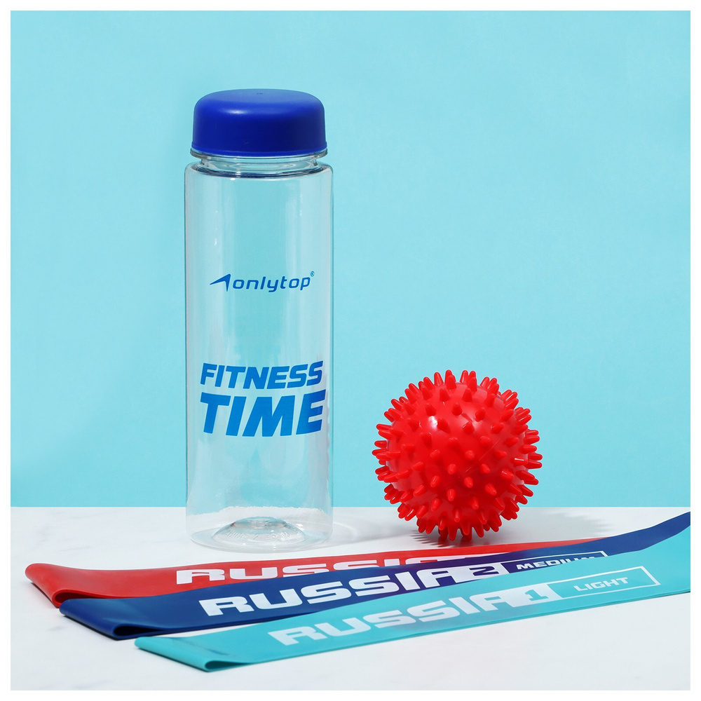 Набор для фитнеса ONLYTOP "Россия" , 3 фитнес-резинки , бутылка для воды , массажный мяч , цвет синий #1