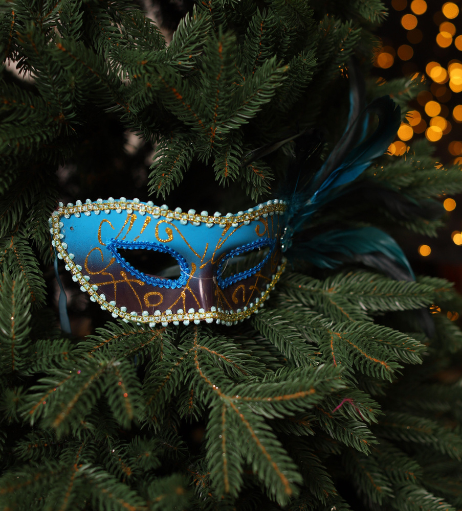 Карнавальная венецианская маска с пером, черно-голубая маска, синие глаза, 21 см  #1