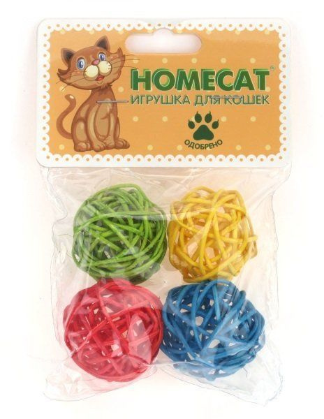 Homecat Игрушка для кошек мячи из ротанга с колокольчиком, 4 шт- 4,5 см  #1