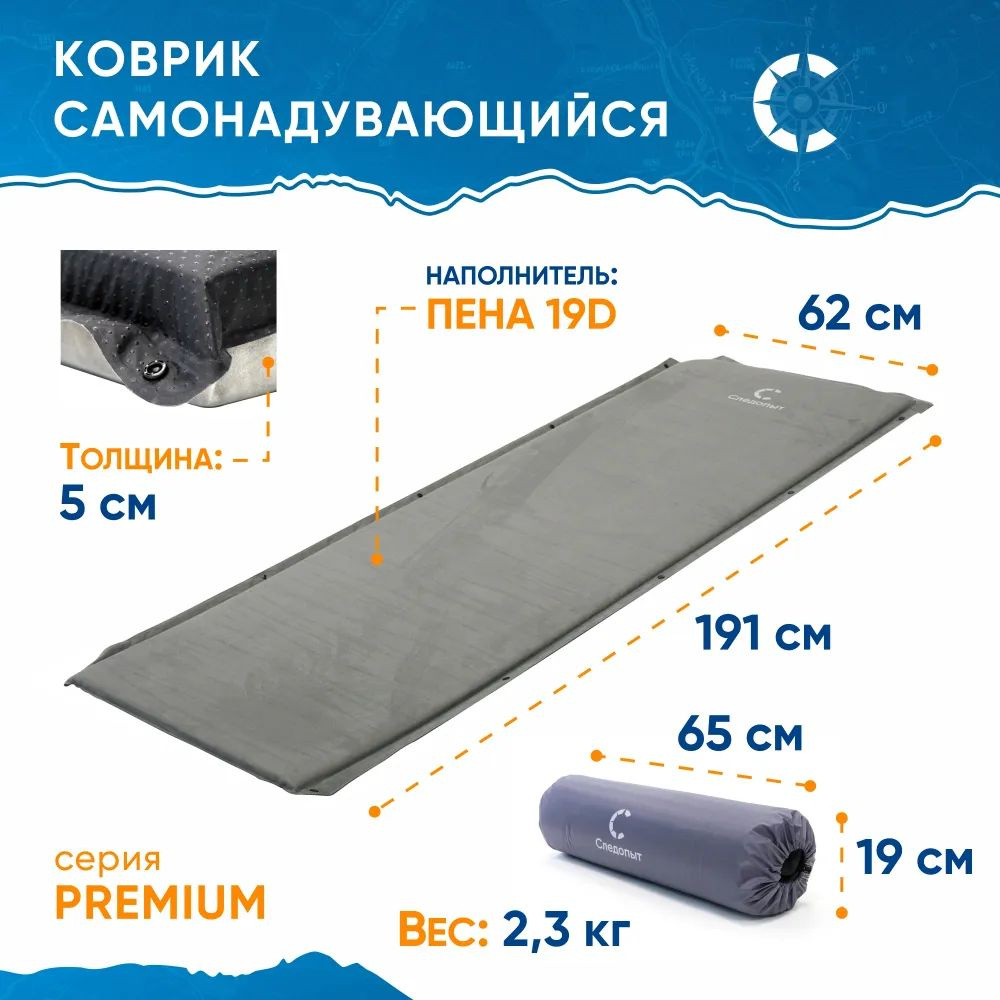 Самонадувающийся коврик туристический "СЛЕДОПЫТ" Premium 191x62x5 cм , походный матрас кемпинговый, коврик #1