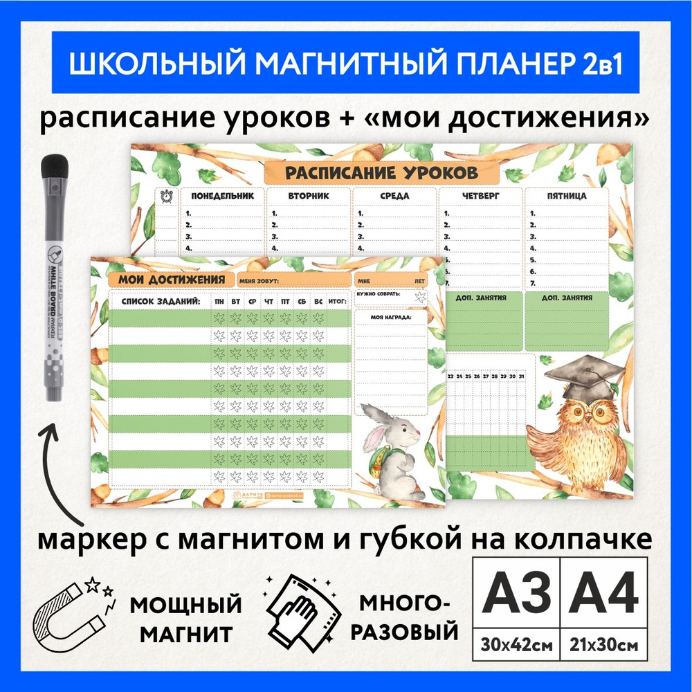 Магнитный мотиватор 2в1, расписание уроков А3, мои достижения А4, планер школьнику многоразовый, Школьный #1