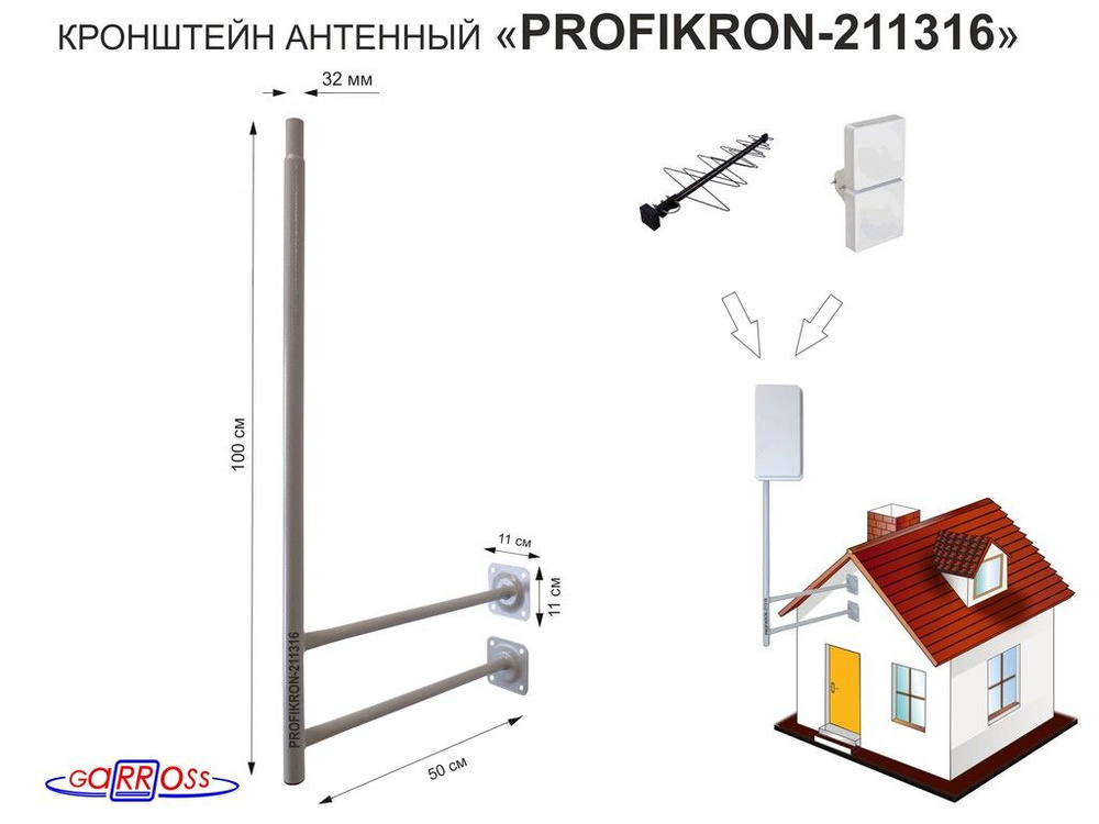 Кронштейн антенный сдвоенный вылет от стены 0,5 метра, высота 1 метр "PROFIKRON-211316" диаметр 32 мм, #1