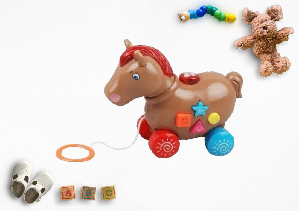 Лошадка каталка на веревочке музыкальная детская развивающая игрушка толокар сортер с фигурками пластмассовая #1
