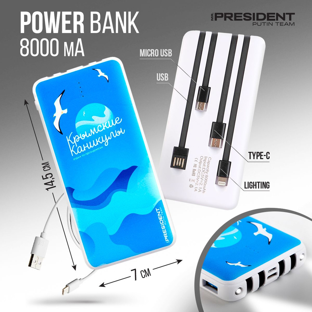 MR PRESIDENT PUTIN TEAM Внешний аккумулятор PWRBN7816727._Lightning_USB Type-C_USB_microUSB, 8000 мАч, #1