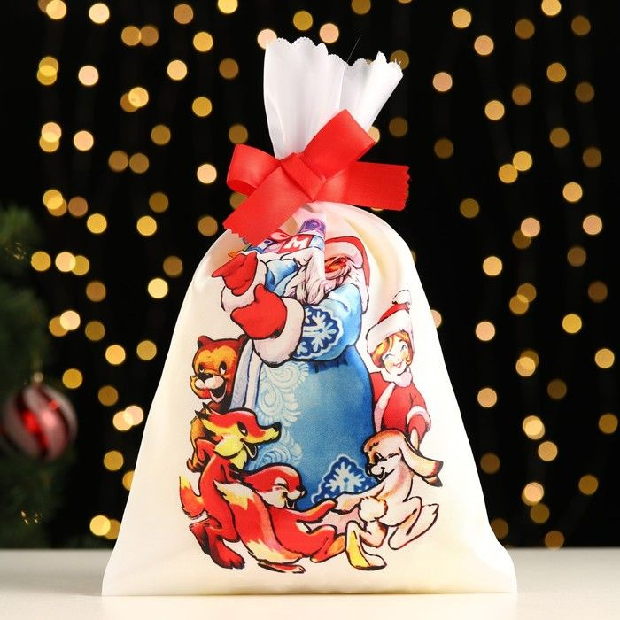 Мешок новогодний Дедушка мороз и зверята, атлас, полноцветная печать, 21х35 см 5 шт  #1