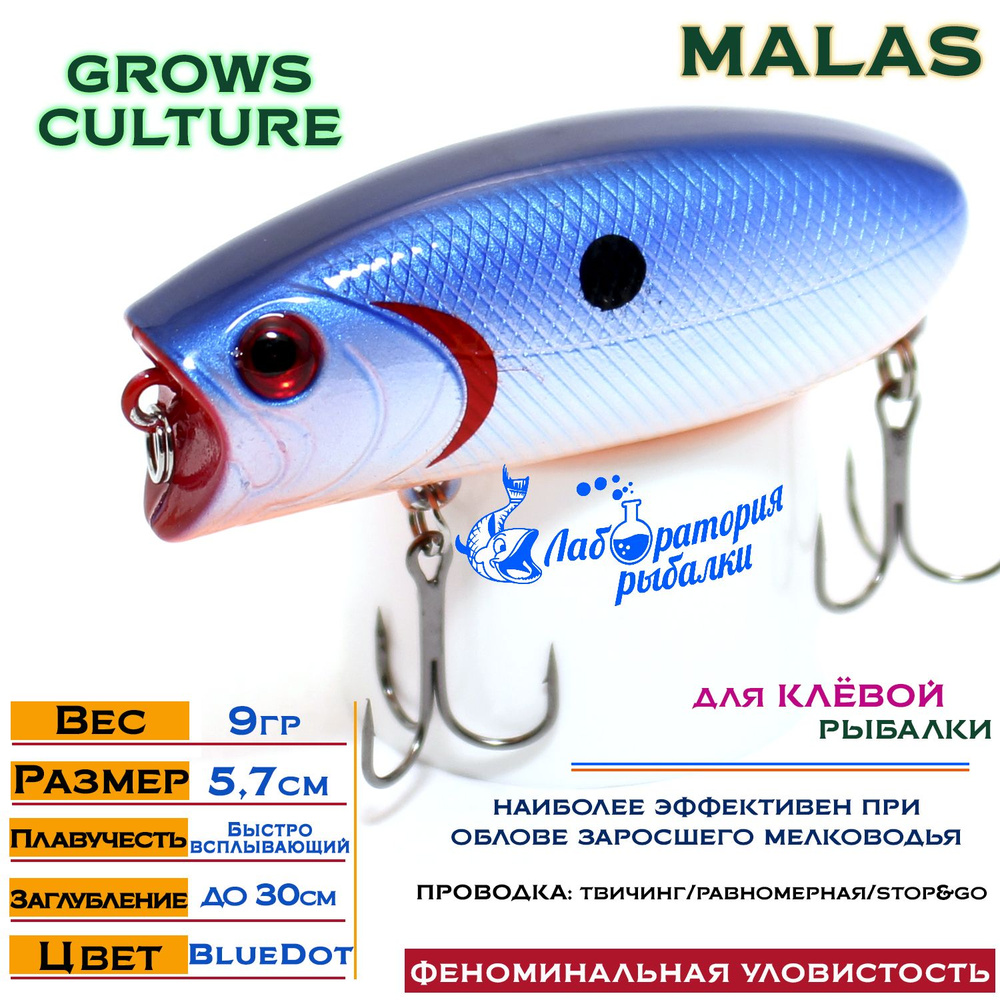 Воблер поверхностный Malas Grows Culture / длина 57 мм , вес 9 гр , цвет 3017 Blue Dot , заглубление #1