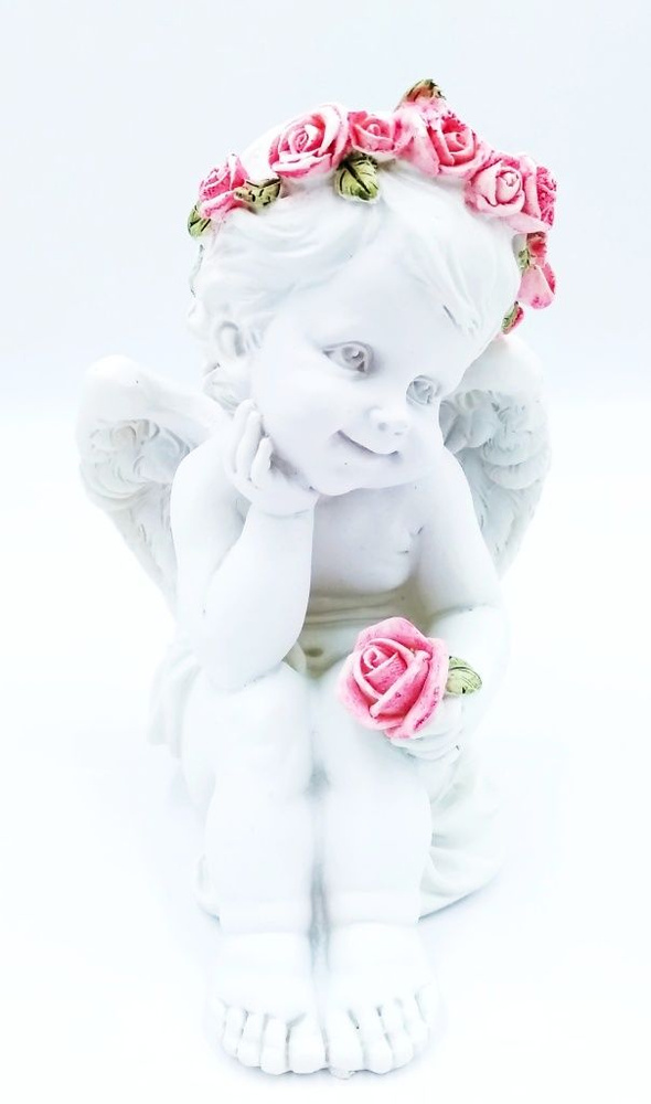Сувенир статуэтка Ангел розовый венок сидит 13см полимерная.  #1
