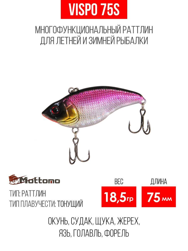 Воблер для рыбалки Mottomo Vispo 75S 18,5g King Salmon, раттлин тонущий для спиннинга. Приманка на щуку, #1