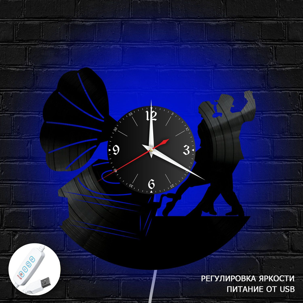 Настенные часы RedLaser "Музыка (Грамофон) из винила с синей подсветкой, №14", 30 см  #1