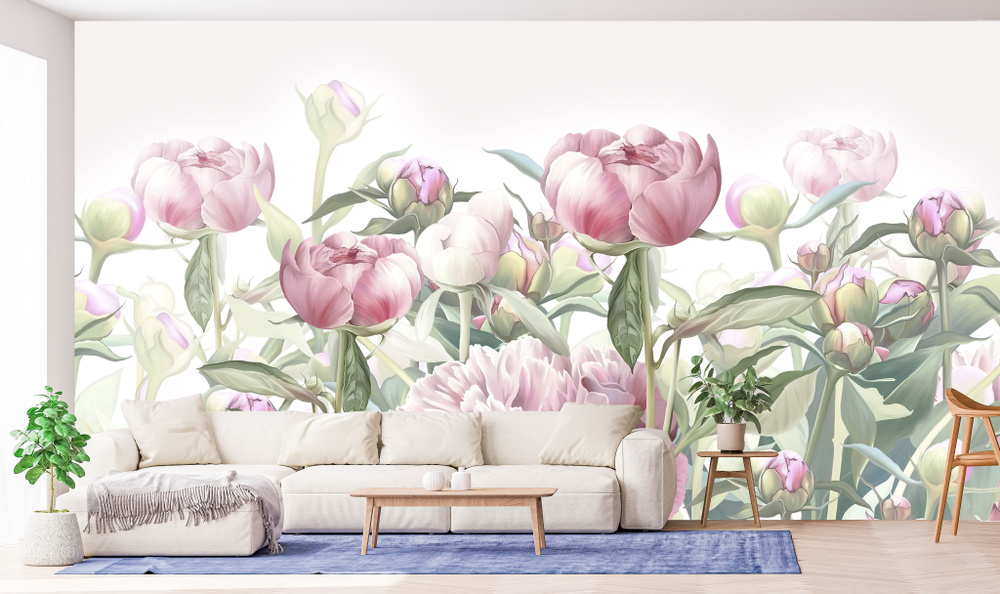 Обои / фотообои 3d на стену флизелиновые, абстракция, Цветы Пионы в саду на светло-сером фоне, 500*270 #1