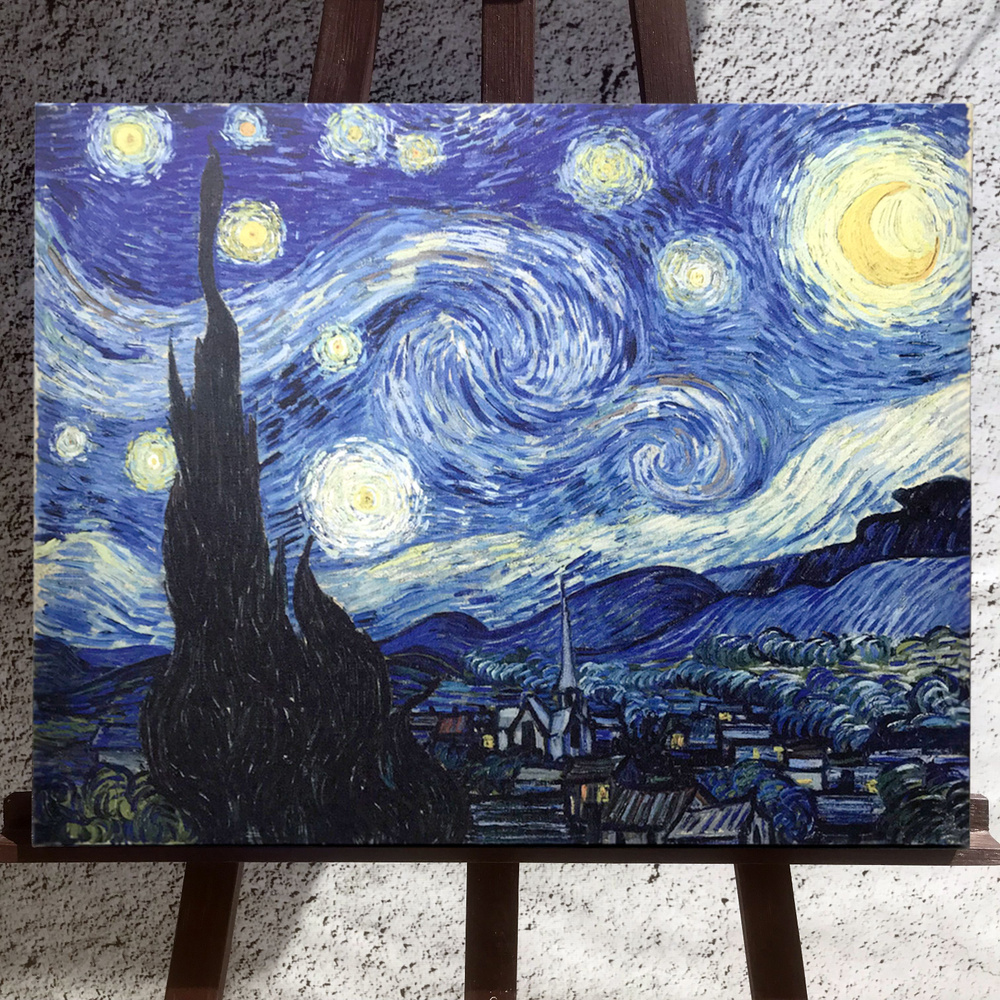 Картина на натуральном холсте репродукция Винсент Ван Гог "Звездная ночь" 70х55см  #1