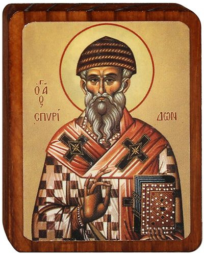 Икона "Святой епископ Спиридон Тримифунтский" на деревянной основе 4х5 см).  #1