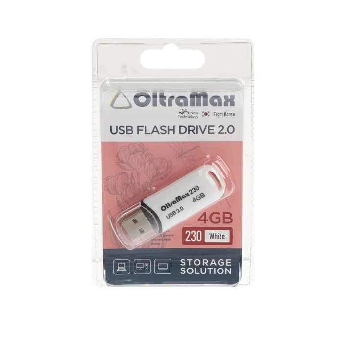 Флешка OltraMax 230, 4 Гб, USB2.0, чт до 15 Мб/с, зап до 8 Мб/с, белая #1