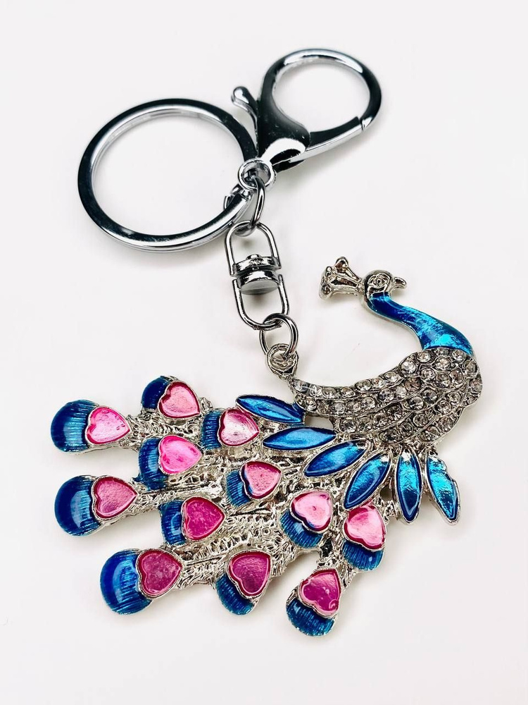 Брелок с карабином для ключей для сумки, большой серебристый брелок разноцветный павлин с камнями, серебристый #1