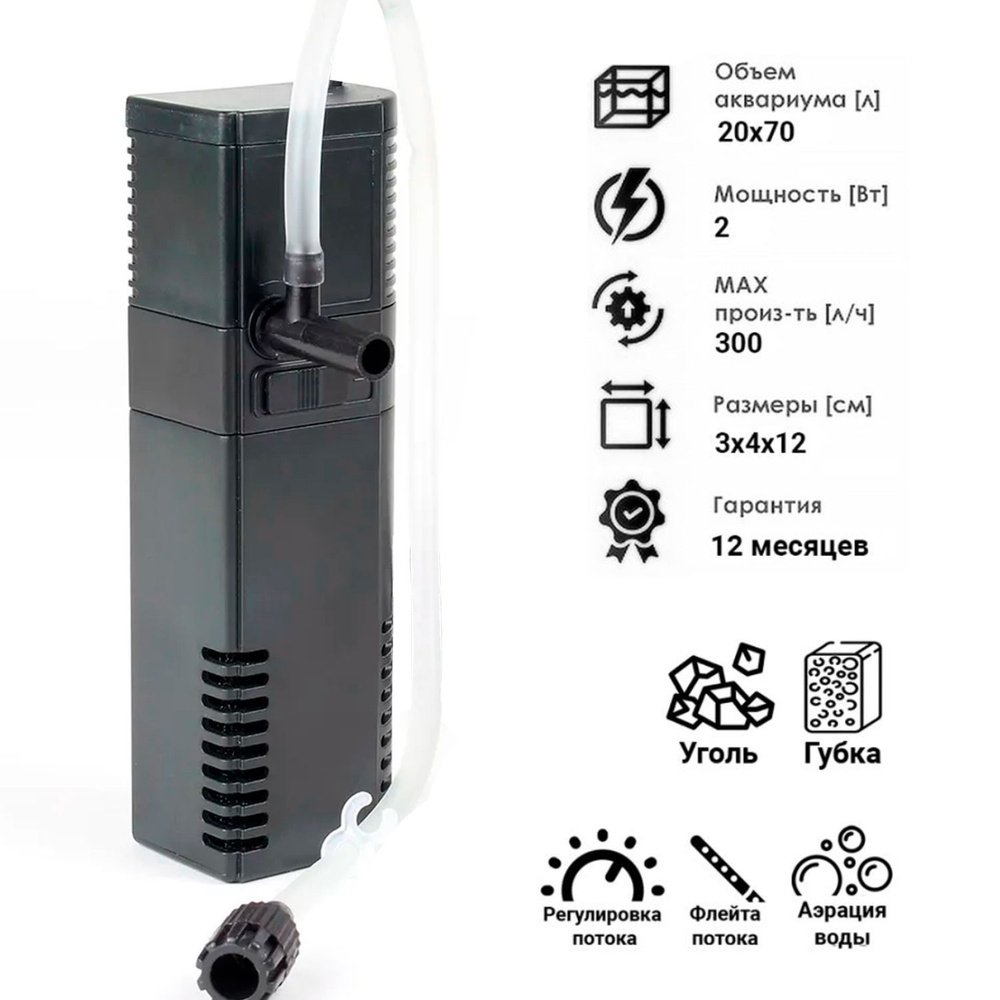 Фильтр внутренний для аквариума от 20 до 70 литров, Sunsun HJ-311B. С углем, регулятором потока, насадкой #1