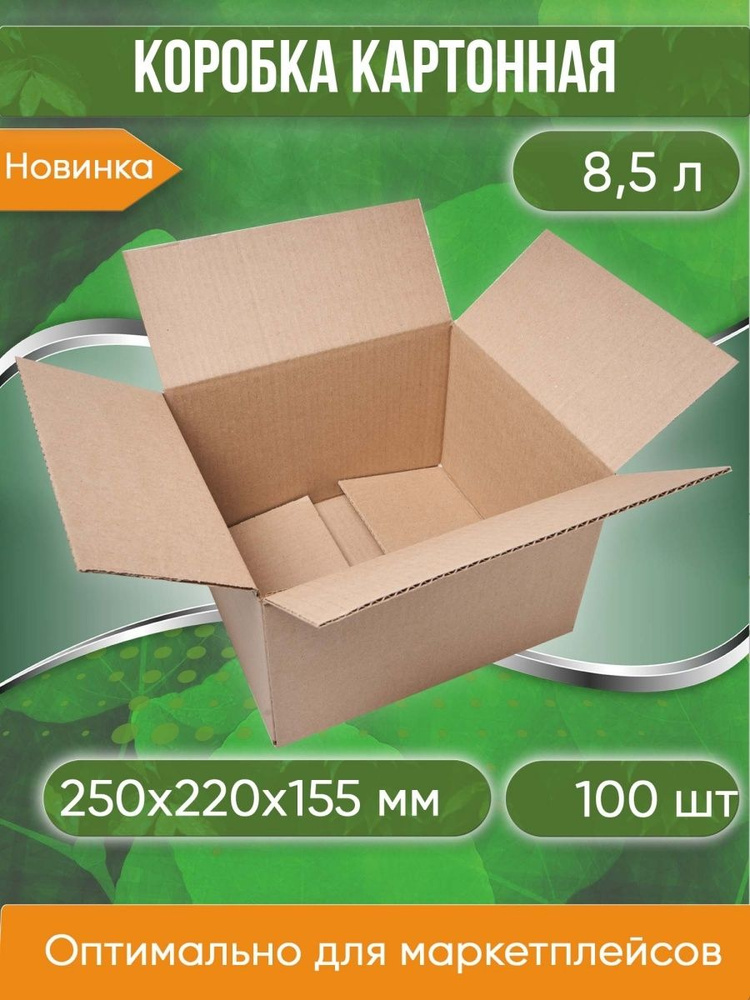 Коробка картонная, 25х22х15,5 см, Объем 8,5 л, 100 шт. (Гофрокороб, 250х220х155 мм )  #1