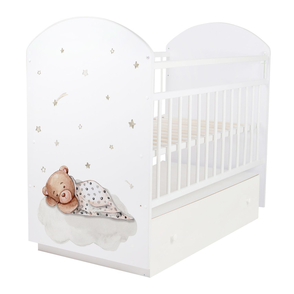 Кроватка детская Indigo With Love для новорожденных, с маятником и ящиком для белья, массив березы, белый #1