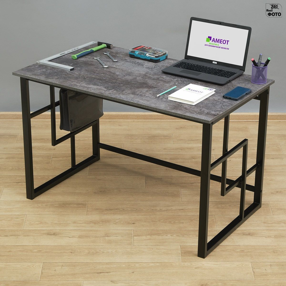 Компьютерный стол, письменный стол Амеот-Лого 1ЦТ цемент темный/черный Ш120/Г70 на металлокаркасе  #1