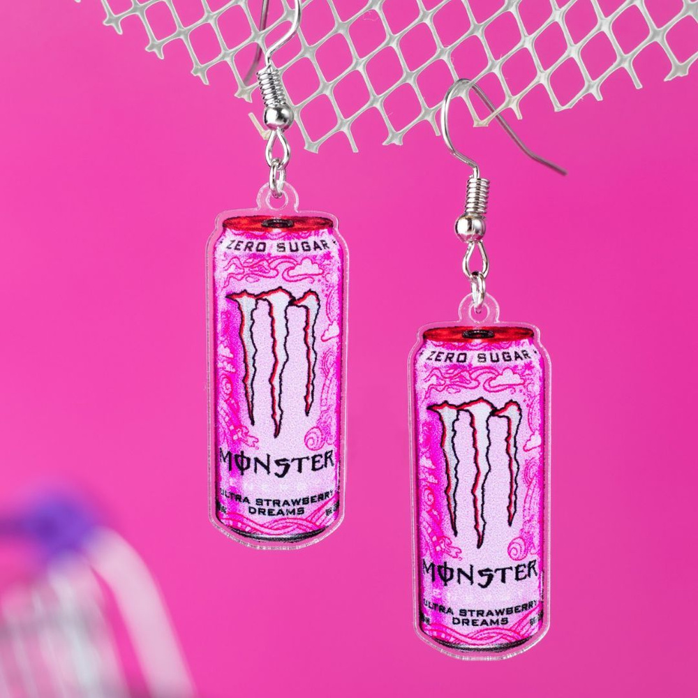 Серьги бижутерия Монстр энергетик розовый, Monster Energy, детские сережки, для девочек, для подростков #1