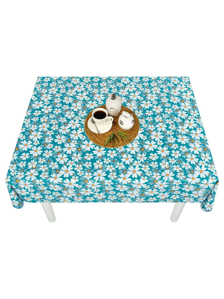 Тефлоновая скатерть на стол тканевая прямоугольная Maifon Ромашки Голубая с пропиткой водоотталкивающей #1
