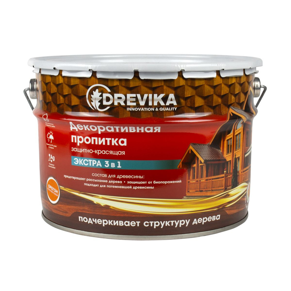 Декоративная пропитка для дерева Drevika Экстра 3 в 1, полуматовая, 9 л, орегон  #1