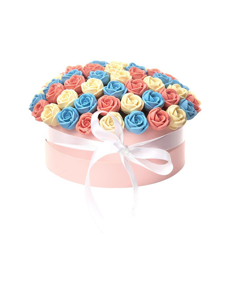 Шоколадные съедобные сладкие розы 73 шт. CHOCO STORY в Шляпной коробке: Белый, Голубой и Розовый Бельгийский #1
