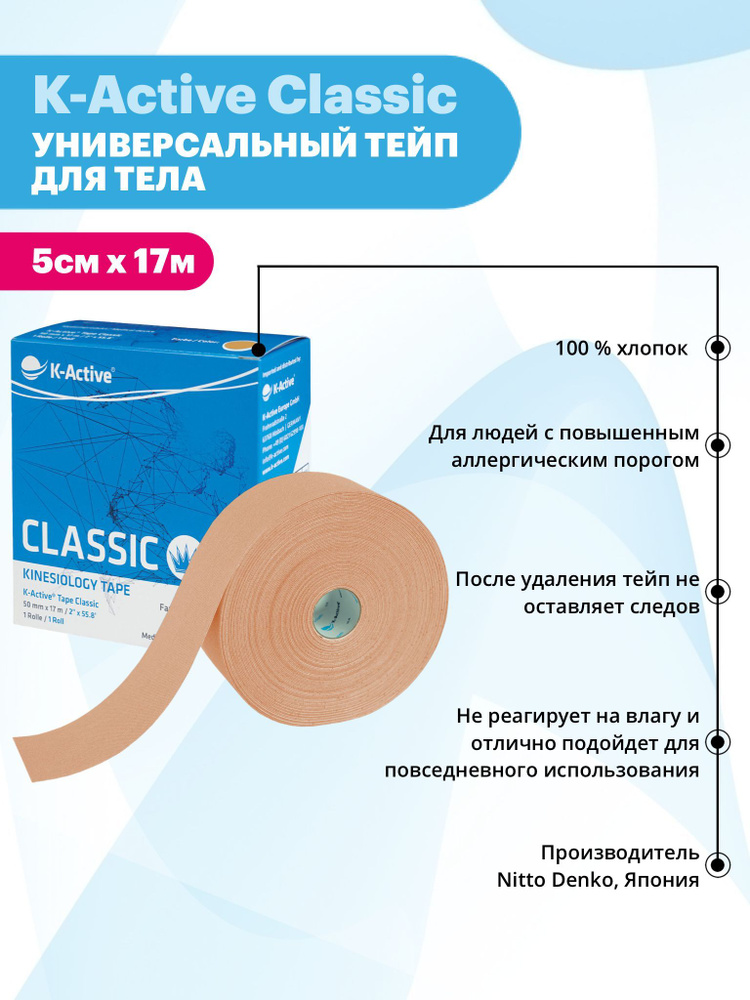 K-Active Кинезиотейп Classic 5см*5м зеленый в пленке 5см Х 1700 см, бежевый  #1