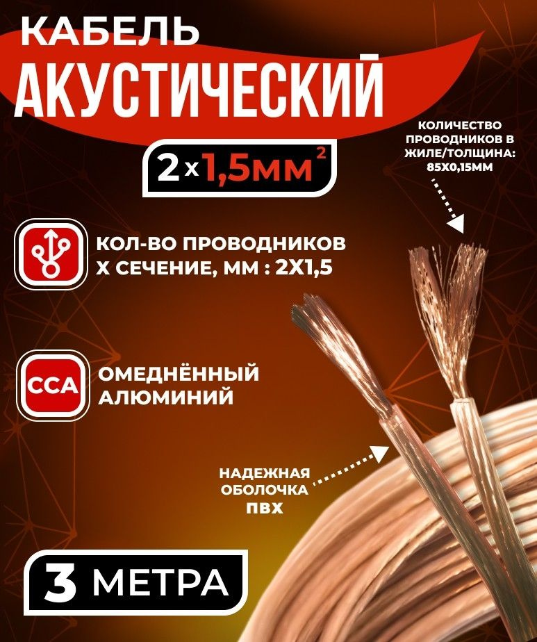 Кабель акустический 2x1.5мм2 (85x0.15мм), CCA, прозрачный, Technolink, 3 метра  #1