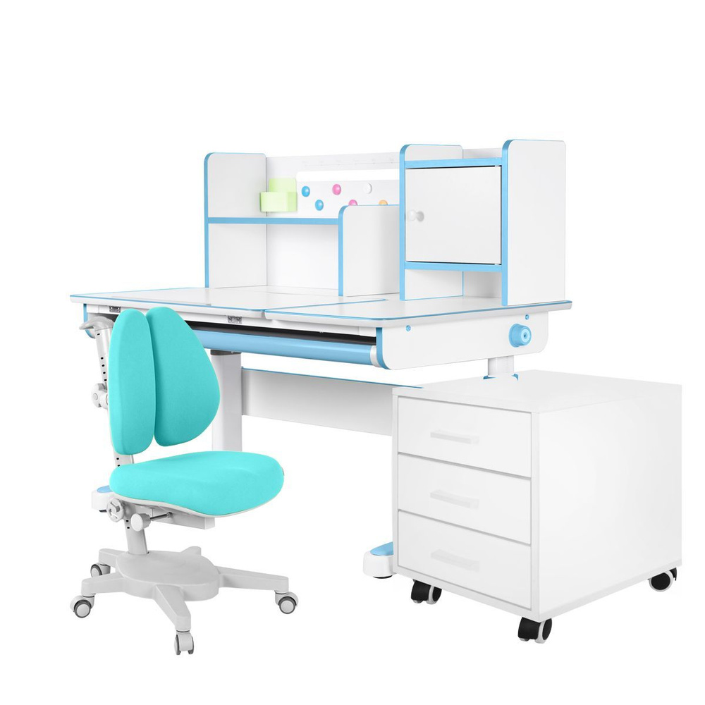 Комплект Anatomica Premium Granda Plus парта + кресло + тумба + надстройка + органайзер белый/голубой #1