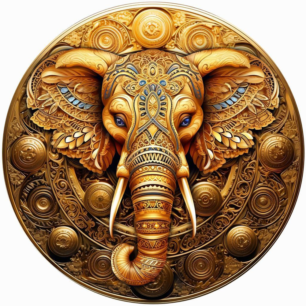 Деревянный пазл "Мандала золотой Слон богатства" из коллекции с животными, 30х30см, 220 деталей / Фигурный #1
