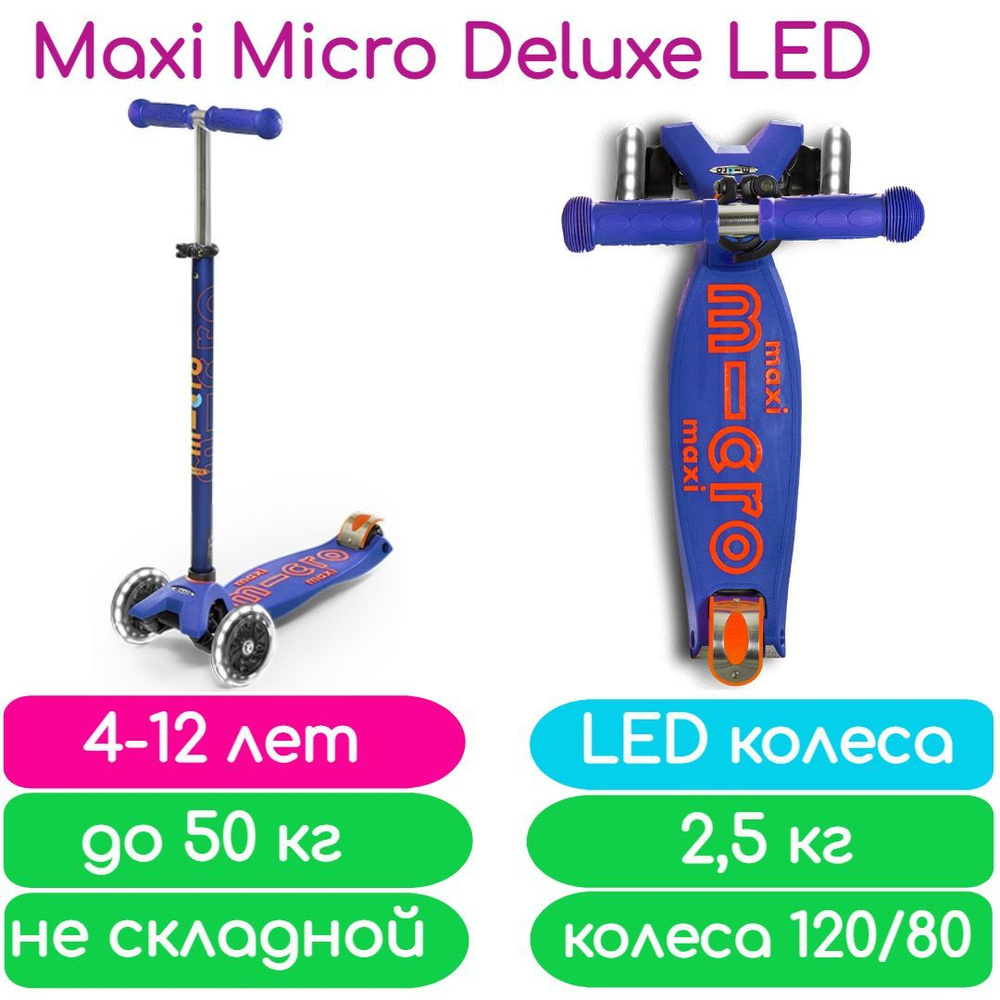 Самокат Maxi Micro Deluxe LED Синий (MMD067) светящиеся колеса #1