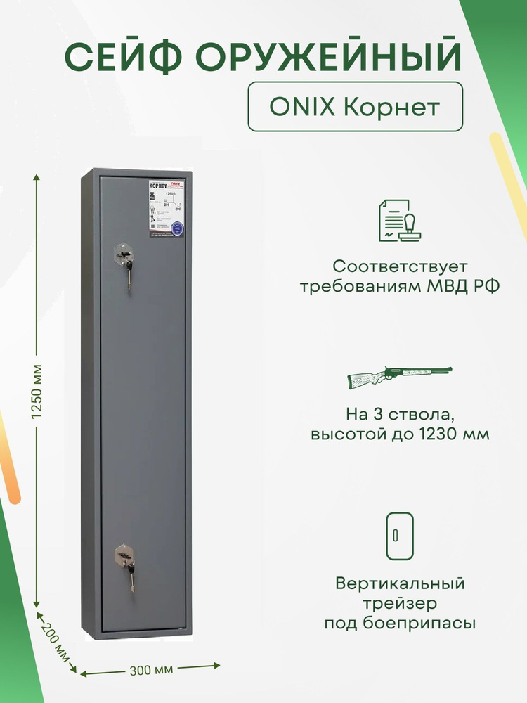 Оружейный сейф Onix Корнет на 3 ствола. Макс. высота ружья - 1230 мм, 300х1250х200 мм. Ключевой замок. #1