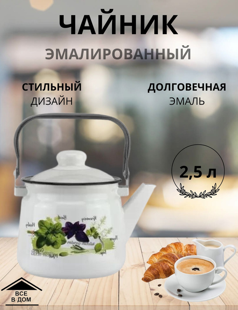 Чайник эмалированный для плиты с крышкой 2,5л. Базилик белый МАГНИТОГОРСК  #1