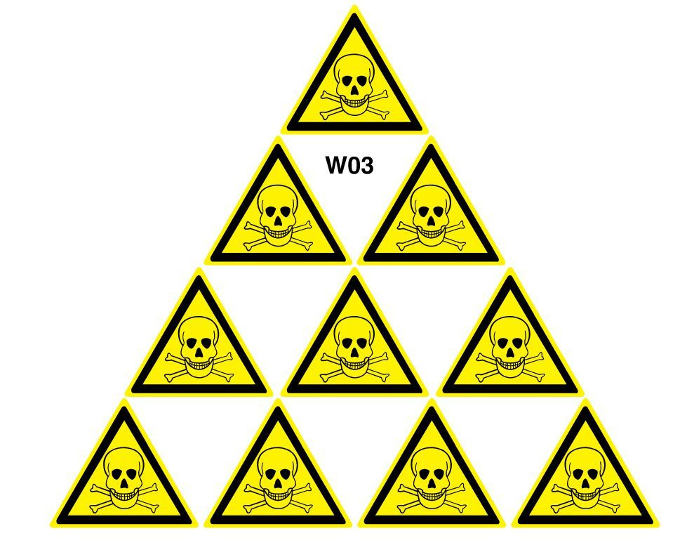 Несветящийся, плоский, треугольный, жёлтый предупреждающий знак W03 Опасно. Ядовитые вещества (самоклеящаяся #1