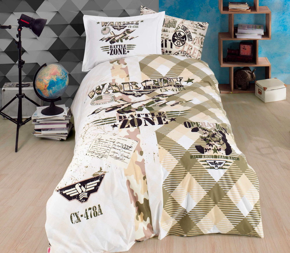 Постельное белье подростковое 1,5 спальное Hobby Home Collection SKY FORCE YESIL, хлопковый поплин, Турция #1