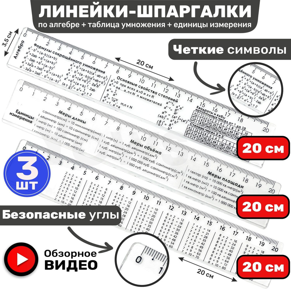 Линейки справочные 20 см пластиковые по алгебре, с таблицей умножения и с единицами измерения  #1