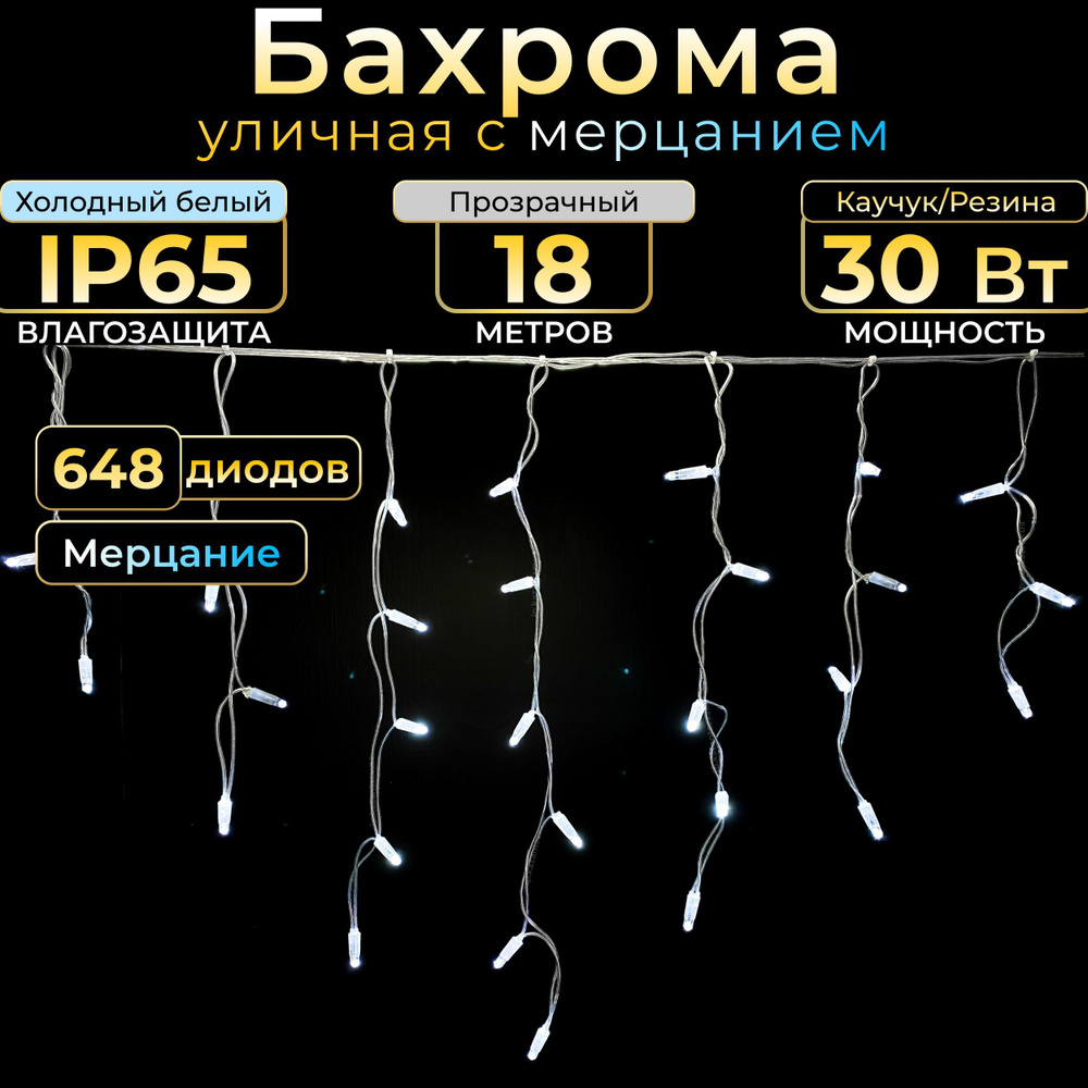 Гирлянда Бахрома с мерцанием 18 м, Прозрачный провод, IP65, Холодный белый, 220в. Код 010110  #1