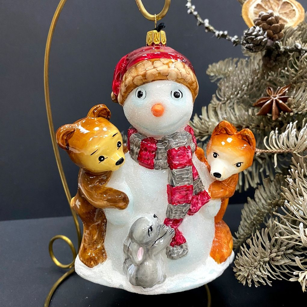 Елочная игрушка Животные лепят снеговика 14см стекло Komozja Family  #1