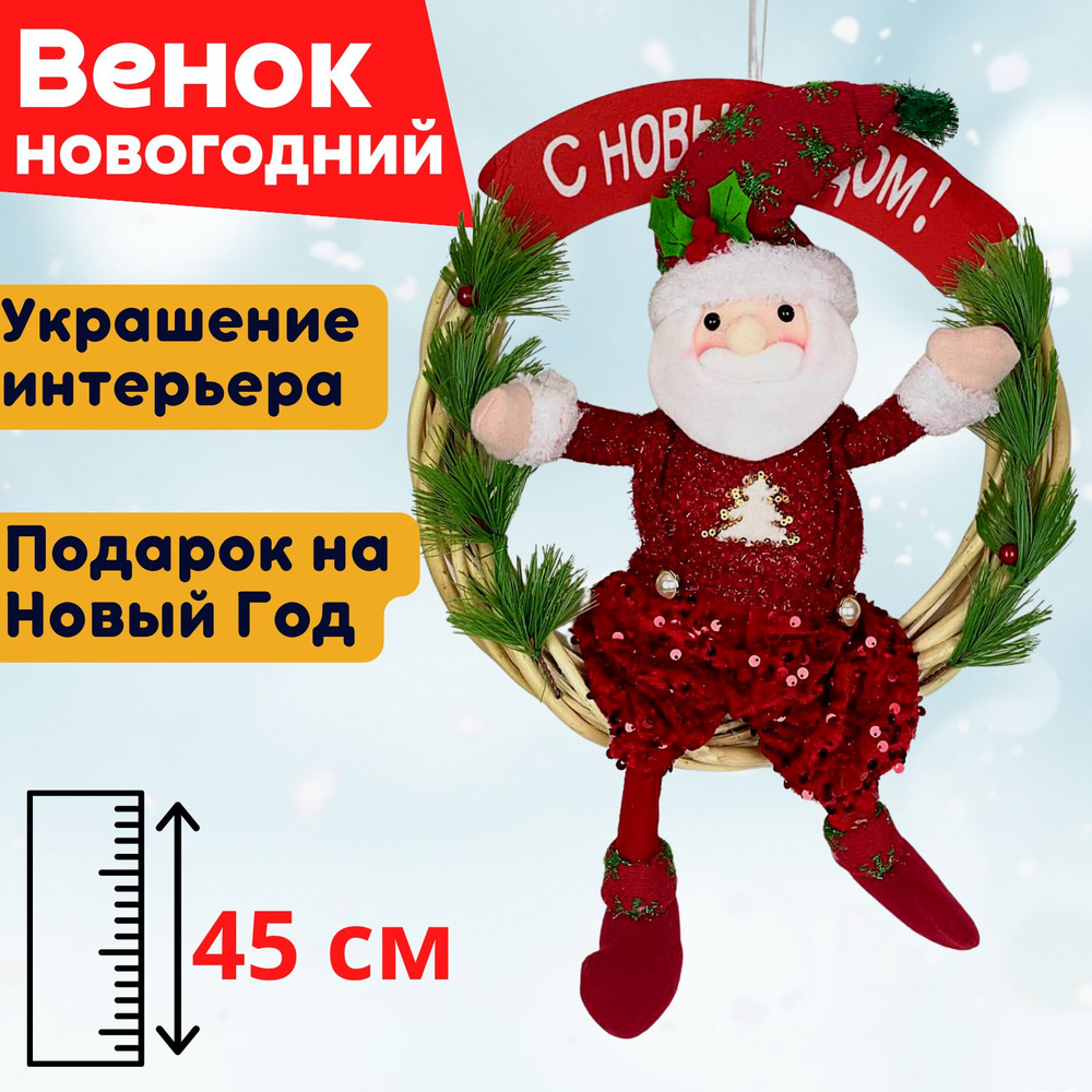 Венок новогодний на дверь, стену. С новым годом. Дед Мороз.  #1