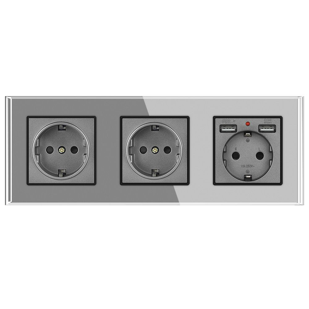 Розетка тройная 3 поста с 2 USB-портами, 16А 250В, со шторками, рамка закаленное стекло, цвет серый  #1