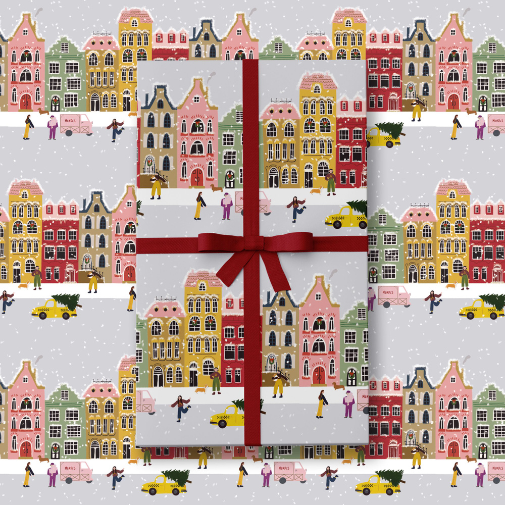 Новогодняя упаковочная бумага для подарков "Рождество в городе"  #1
