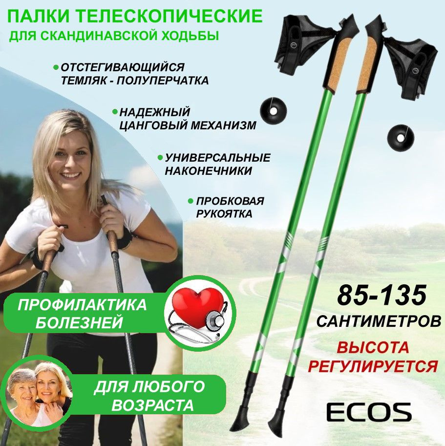 Палки для скандинавской ходьбы ECOS Nordic регулируемые 85-135см, двухсекционные, алюминиевые, 1пара #1